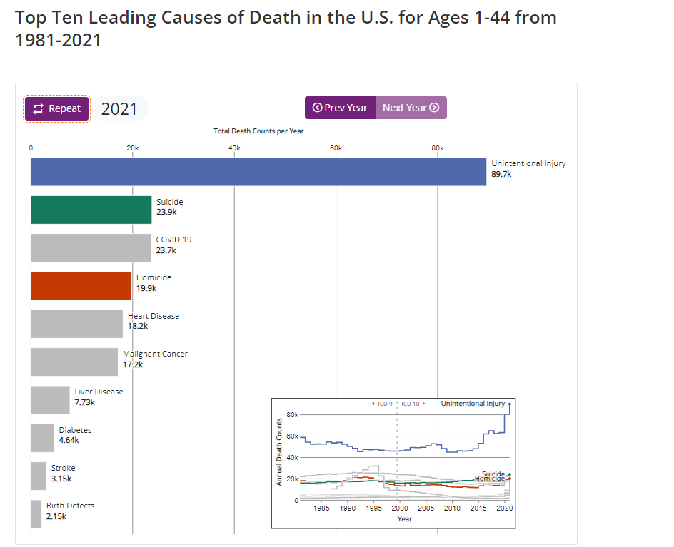 graph depicting the top ten leading causes of death from the CDC
